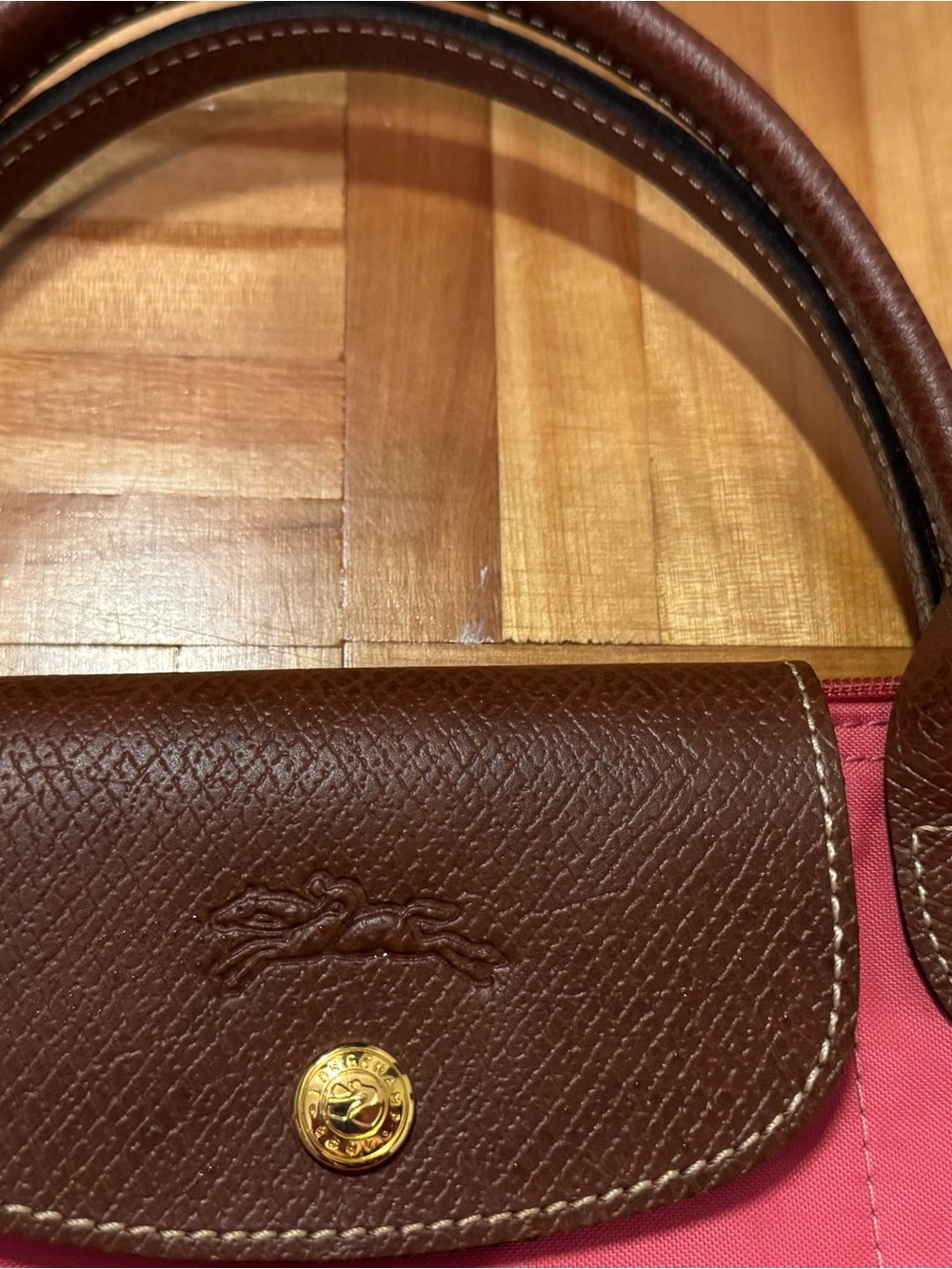 Longchamp Brown Leather-Trim Tote with Pink Canvas